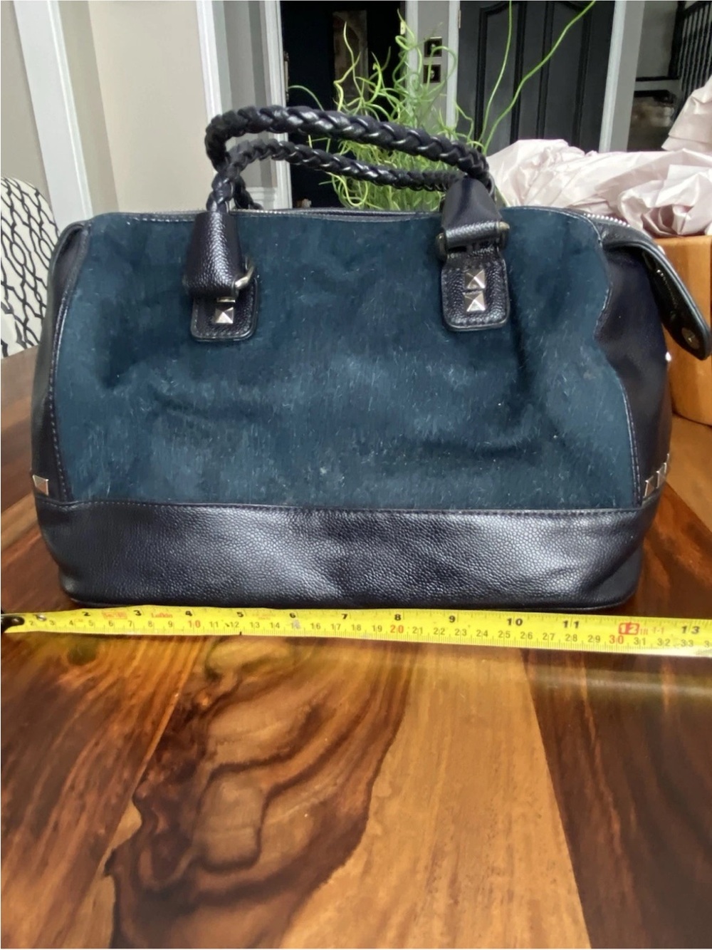 David jones Paris Black Leather & Deep Teal faux Suede Satchel